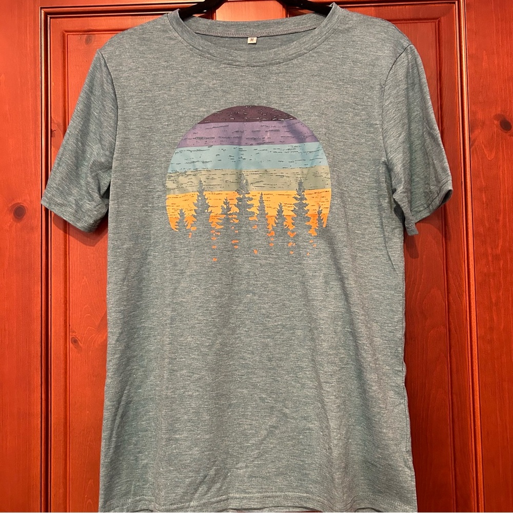 Sunset with Forest Silhouette Green T-Shirt